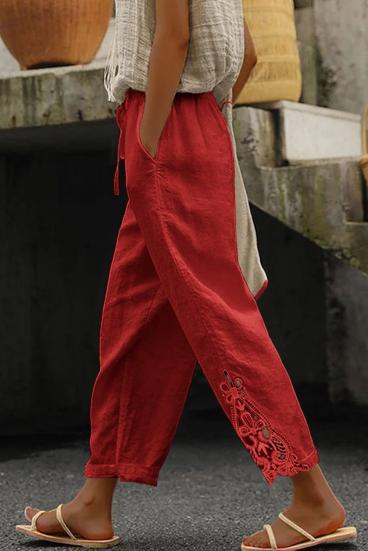 Elegant cotton trousers with lace, red