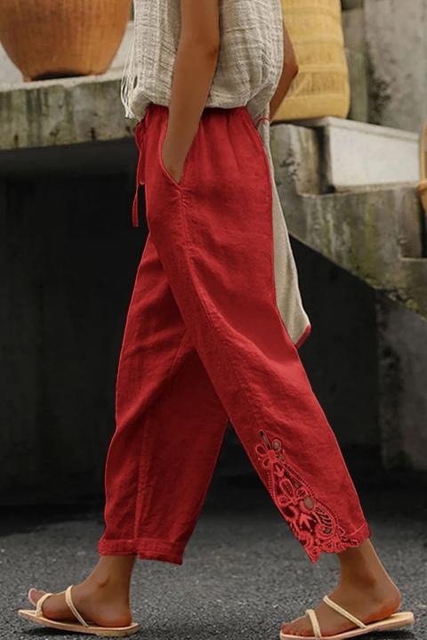 Elegant cotton trousers with lace, red