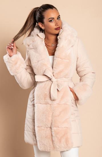 Padded jacket with faux fur, beige