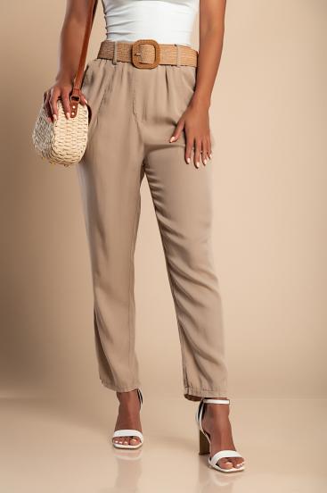 Long trousers with decorative belt, beige