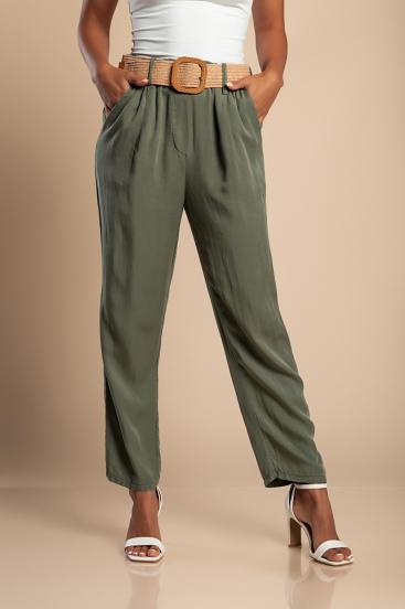 Long trousers with decorative belt, olive green