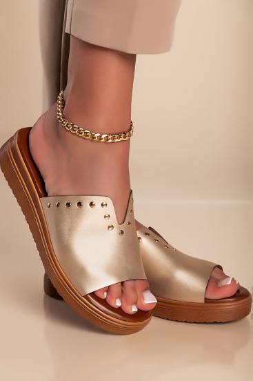 Sandals with decorative rivets, gold color