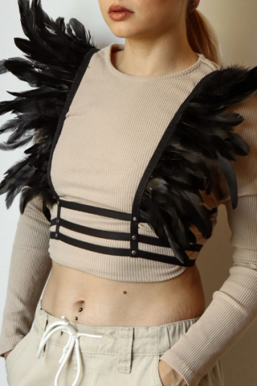 Elastic strap bra with feathers, ART2139, black
