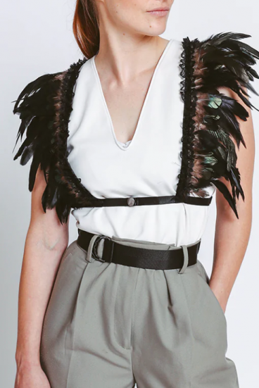 Elastic strap bra with feathers, ART2295, black