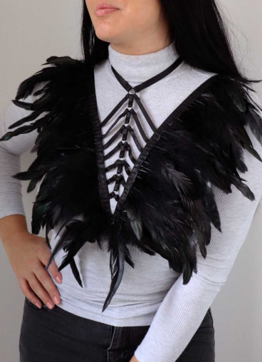 Elastic strap bra with feathers, ART2299, black