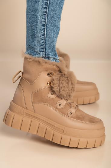 Sneakers with synthetic fur, W0YD654123, khaki
