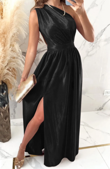 Elegant long dress made of imitation velvet, black