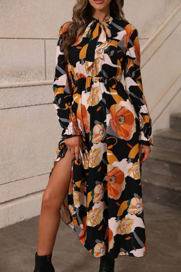 Long dress with floral print, orange