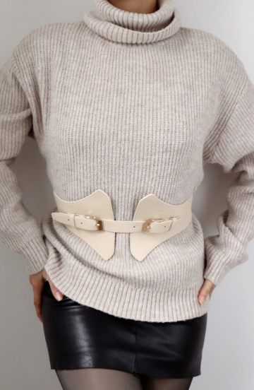 Wide faux leather belt, beige