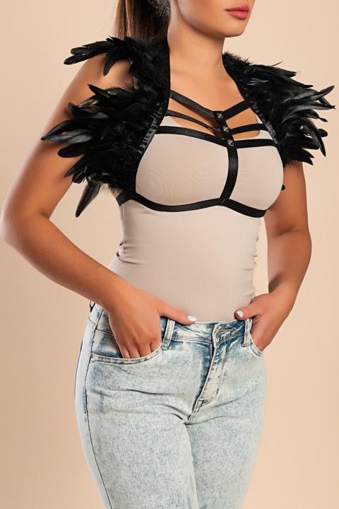 Elastic straps bra with feathers, black