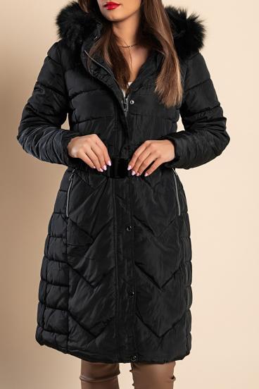 Long padded winter jacket with hood plus size, black