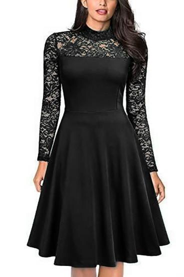 Fitted midi dress with lace, black