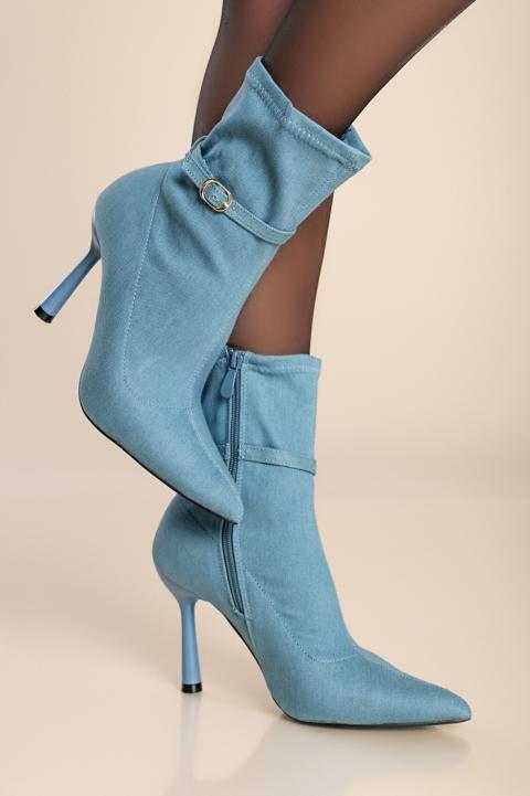 High-heeled ankle boots in imitation denim, light blue