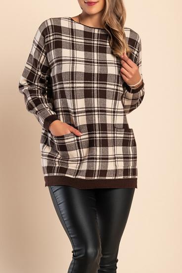 Soft sweater with check print, brown