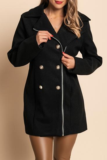 Elegant coat with buttons and zipper, black