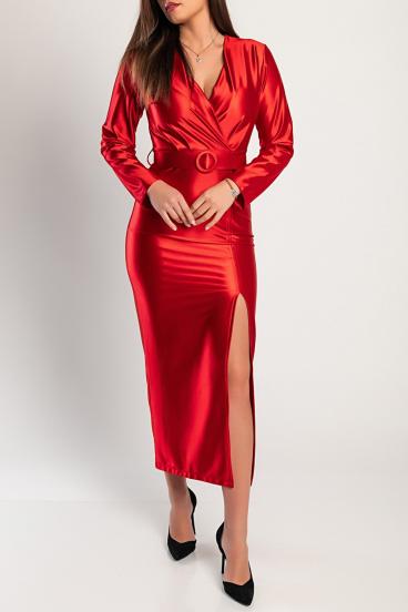 Elegant midi dress made of imitation satin, red