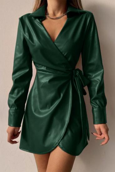 Elegant Lapel Collar Faux Fur Mini Dress Pellita, dark green