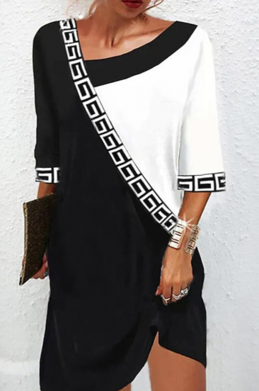 Elegant dress with geometric print, black and white