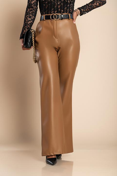 Elegant long faux leather pants, camel