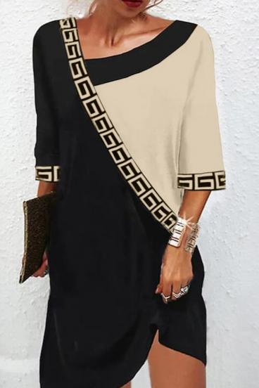Elegant dress with geometric print, black beige