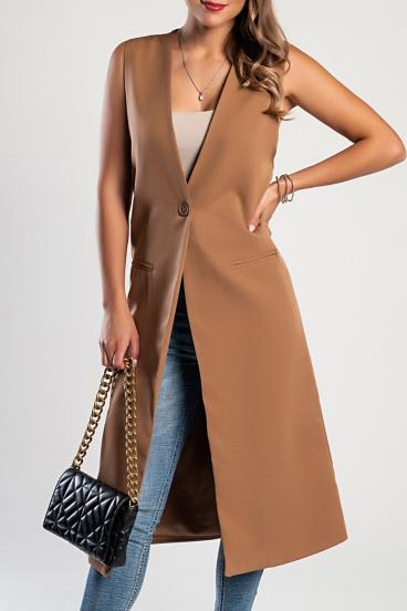 Elegant long vest with button, camel