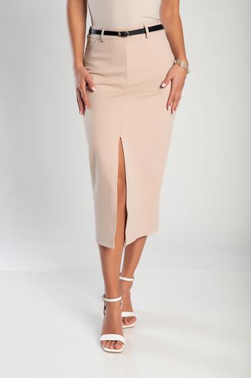 Elegant midi skirt with belt, beige