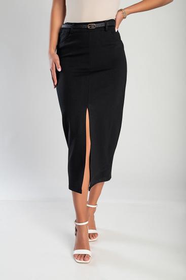 Elegant midi skirt with belt, black