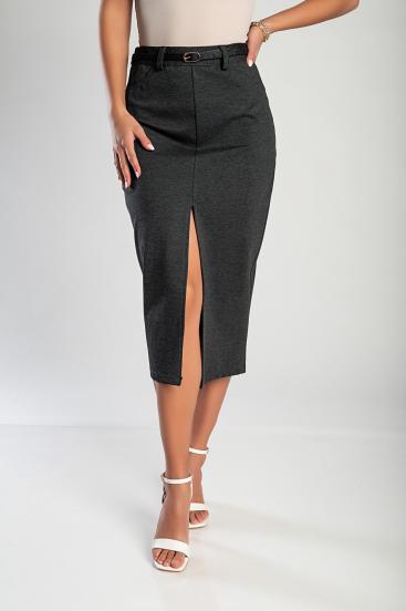 Elegant midi skirt with belt, gray