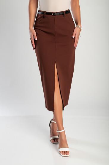Elegant midi skirt with belt, brown