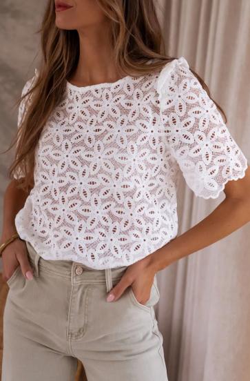 Elegant blouse with floral embroidery, white