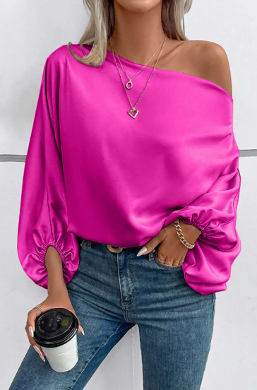Elegant blouse with asymmetrical neckline, pink