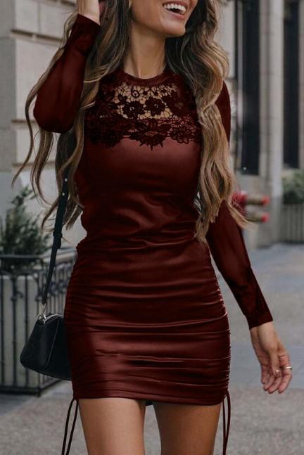 Elegant mini dress made of imitation leather, burgundy