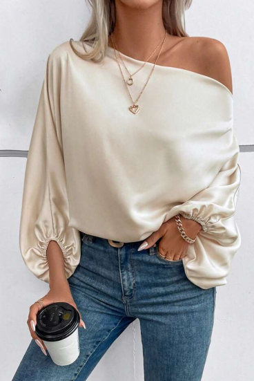 Elegant blouse with asymmetrical neckline, beige