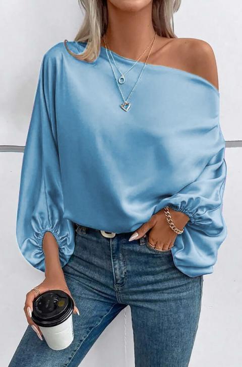 Elegant blouse with asymmetrical neckline, light blue