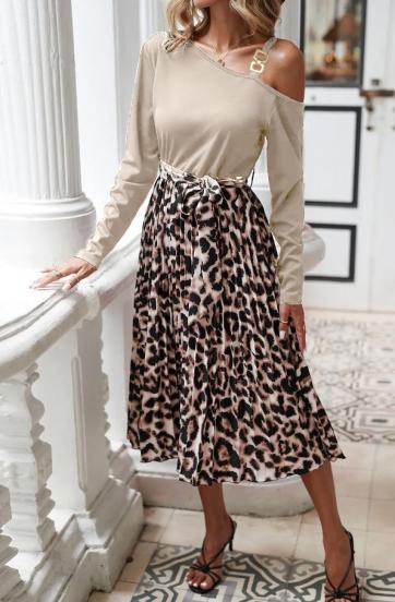 Leopard print midi dress, beige