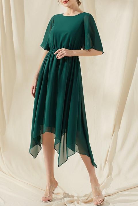 Long asymmetrical midi dress, dark green