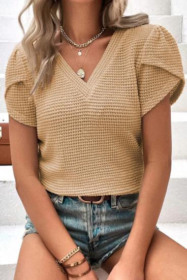 Knitted top with short sleeves, camel color