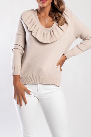 Long knitted top with ruffles, beige