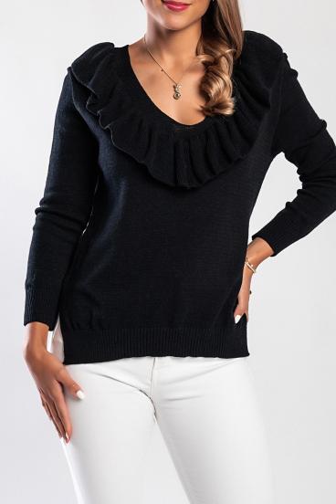 Long knitted top with ruffles, black