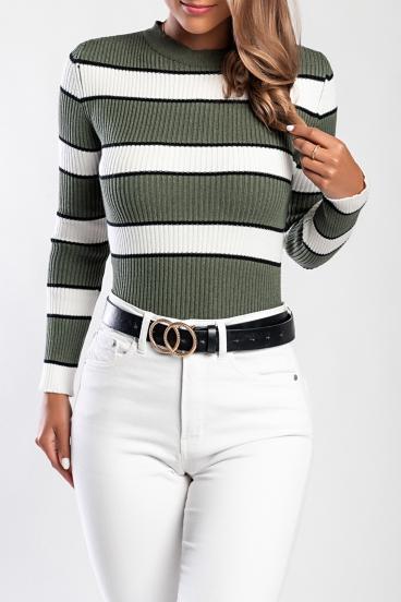 Knitted Top with striped print, olive green