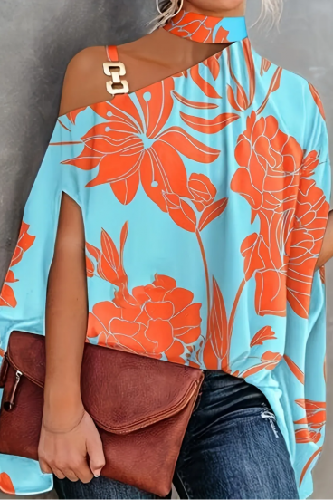 Elegant loose blouse with print, light blue