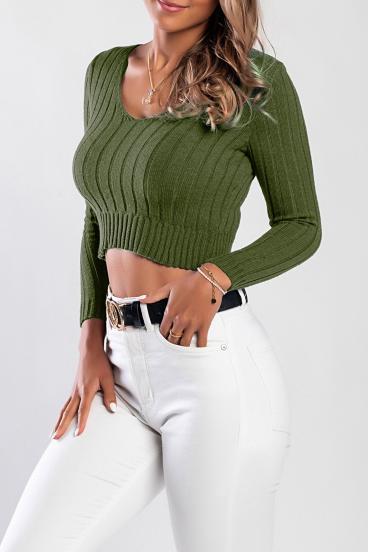 Knitted Top with round neckline, olive green