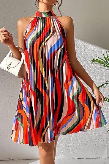 Pleated mini dress with print, multicolor