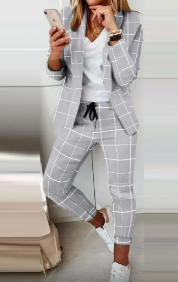 Trouser set with elegant blazer with print Estrena, light gray - checkered