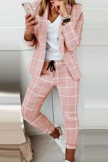 Trouser set with elegant blazer with print Estrena, light pink - checkered