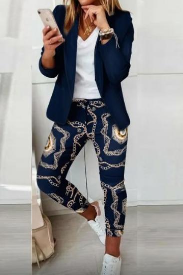 Elegant blazer and pants set with print Estrena, dark blue/print