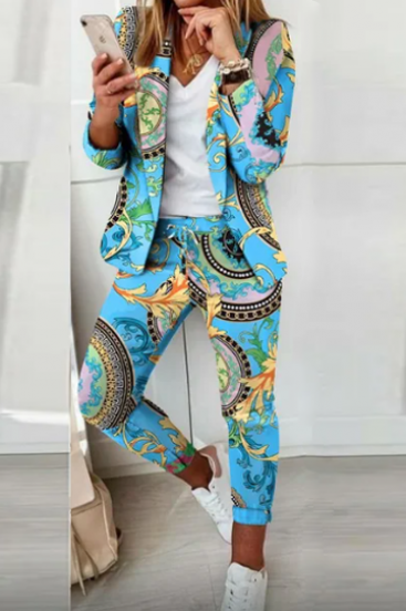 Elegant blazer and trousers set with print Estrena, light blue/print