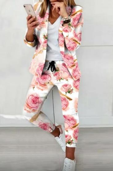 Floral Print Elegant Blazer and Pants Set Estrena, White/Print