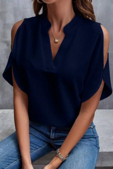 Elegant loose blouse with "V" neckline, dark blue