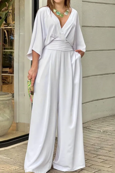 Elegant short-sleeved jumpsuit, white